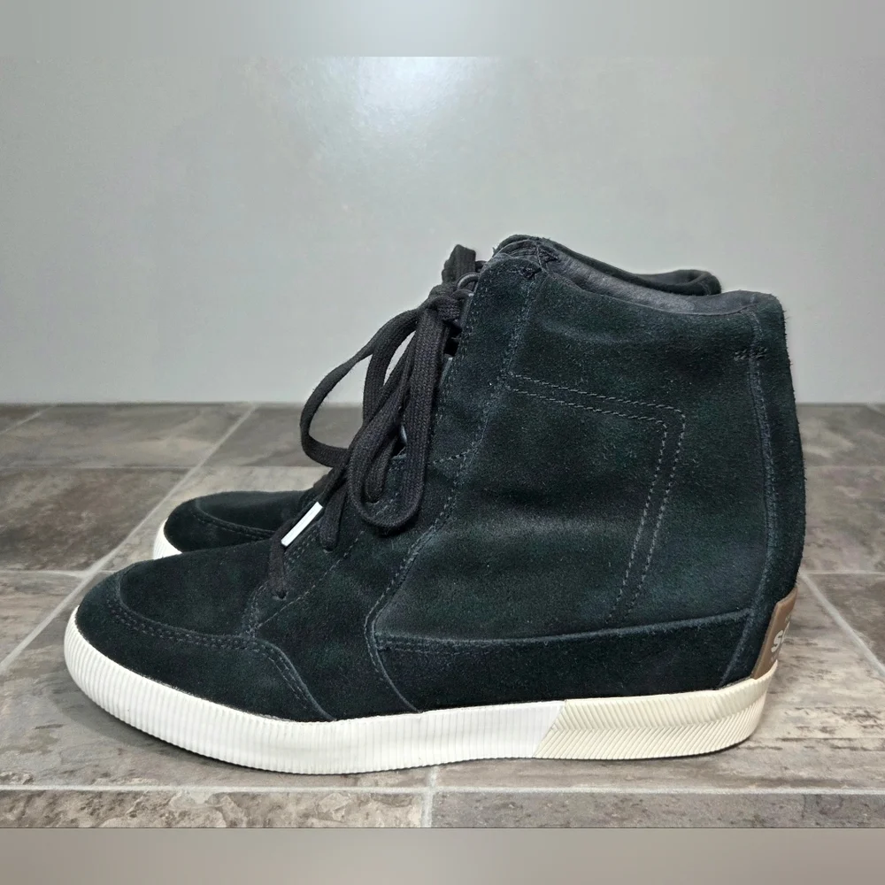 SOREL OUT 'N ABOUT SUEDE HIGH TOP WEDGE SNEAKERS.